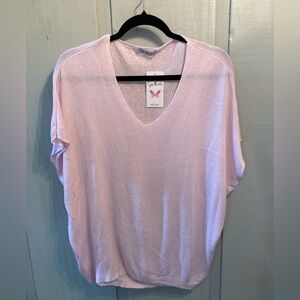 Drop Shoulder Short Sleeve Pink V-Neck Sweater